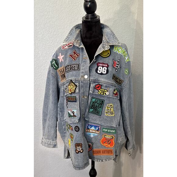 Embroidered Patch Button Up Long Sleeve Denim Jacket Shacket Hip Hop Streetwear - Picture 2 of 11